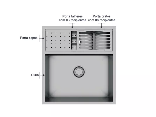 Cuba De Sobrepor Quadratta 54x58cm Em Aço Inox Escovado Com Kit Escorredor 3 Módulos Integrado e Válvula De 4.1/2