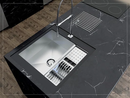 Cuba De Sobrepor Quadratta 54x58cm Em Aço Inox Escovado Com Kit Escorredor 3 Módulos Integrado e Válvula De 4.1/2
