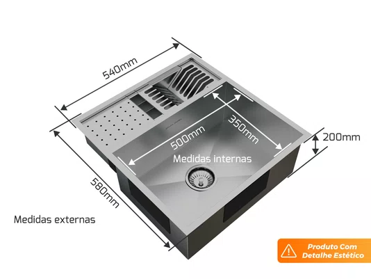 Cuba De Sobrepor Quadratta 54x58cm Em Aço Inox Escovado Com Kit Escorredor 3 Módulos Integrado Válvula De 4.1/2 (Outlet)