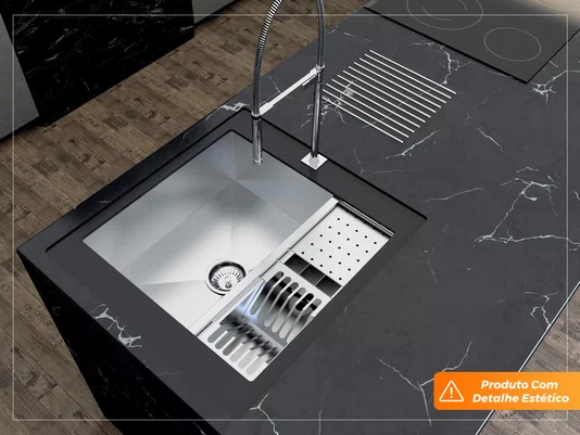 Cuba De Sobrepor Quadratta 54x58cm Em Aço Inox Escovado Com Kit Escorredor 3 Módulos Integrado Válvula De 4.1/2 (Outlet)