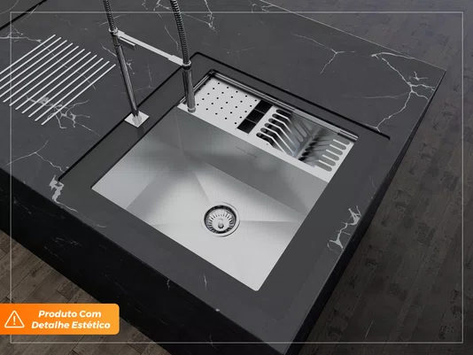 Cuba De Sobrepor Quadratta 54x58cm Em Aço Inox Escovado Com Kit Escorredor 3 Módulos Integrado Válvula De 4.1/2 (Outlet)