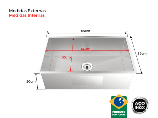 Cuba De Sobrepor Quadratta 60x35cm Em Aço Inox Escovado Com Válvula De 3.1/2