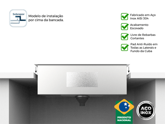 Cuba De Sobrepor Quadratta 60x35cm Em Aço Inox Escovado Com Válvula De 3.1/2
