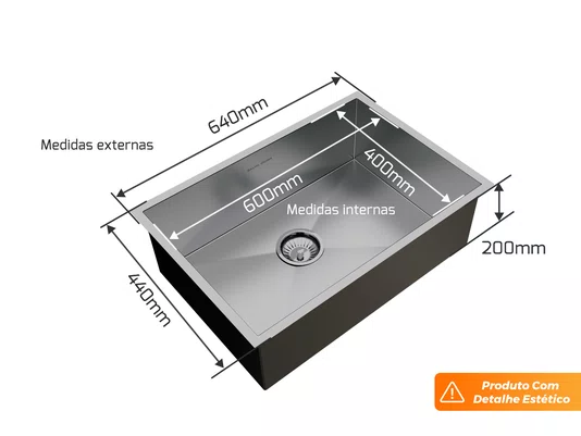 Pia De Sobrepor Cuba Quadratta 64x44cm Em Aço Inox Escovado Com Válvula De 4.1/2 (Outlet)