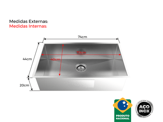 Cuba De Sobrepor Quadratta 70x40cm Em Aço Inox Escovado Com Válvula De 4.1/2