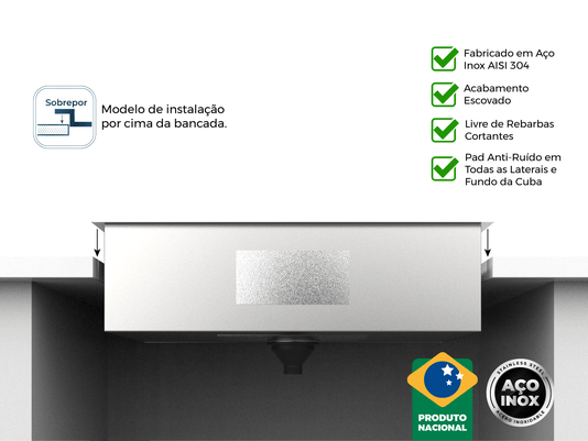 Cuba De Sobrepor Quadratta 70x40cm Em Aço Inox Escovado Com Válvula De 4.1/2