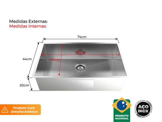 Cuba Sobrepor Quadratta 74x44cm Pia Aço Inox Escovada Com Válvula De 4.1/2 (Outlet)