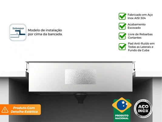 Cuba Sobrepor Quadratta 74x44cm Pia Aço Inox Escovada Com Válvula De 4.1/2 (Outlet)