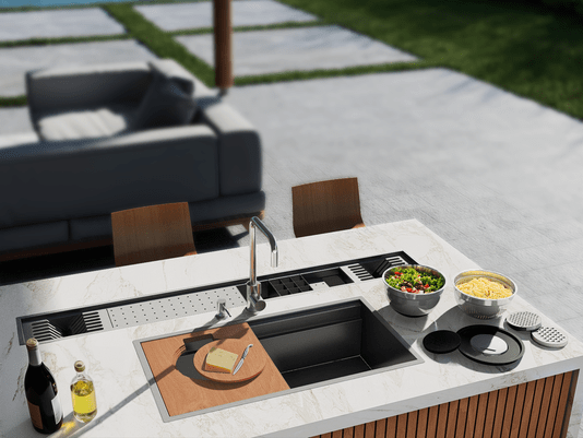 Cuba De Sobrepor Workstation 84x44x22cm Com Acessórios Em Aço Inox Escovado