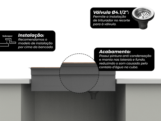 Cuba De Sobrepor Workstation 84x44x22cm Com Acessórios Em Aço Inox Escovado