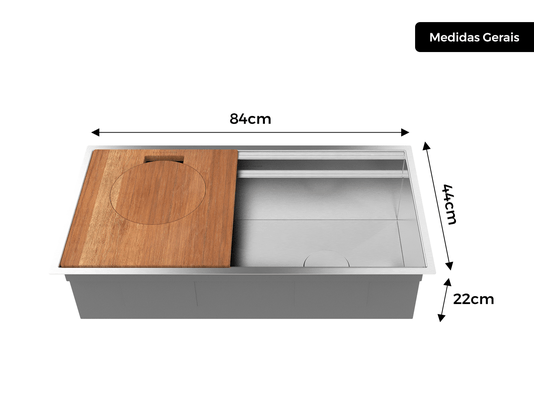 Cuba De Sobrepor Workstation 84x44x22cm Com Acessórios Em Aço Inox Escovado