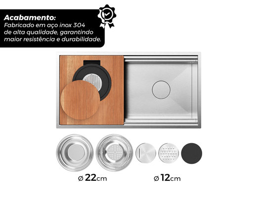 Cuba De Sobrepor Workstation 84x44x22cm Com Acessórios Em Aço Inox Escovado