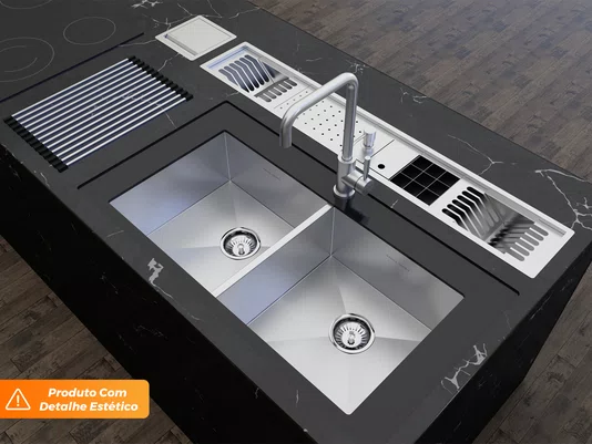 Cuba Dupla De Embutir Quadratta 84x44cm Em Aço Inox Escovado Com Válvula De 4.1/2 (Outlet)
