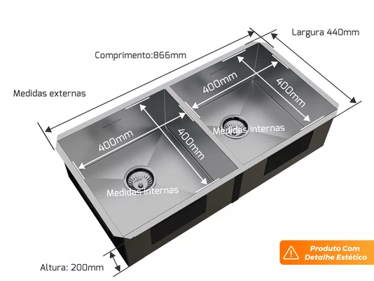 Cuba Dupla De Embutir Quadratta 84x44cm Em Aço Inox Escovado Com Válvula De 4.1/2 (Outlet)