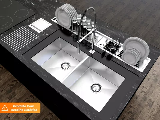 Cuba Dupla De Embutir Quadratta 84x44cm Em Aço Inox Escovado Com Válvula De 4.1/2 (Outlet)