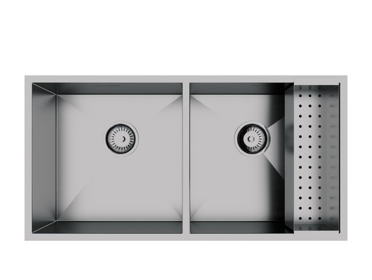Cuba Dupla De Sobrepor Quadratta 80x40cm Em Aço Inox Escovado Com Escorredor e Válvula De 4.1/2