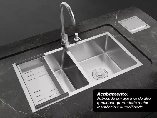 Cuba Dupla Sobrepor Calha Úmida Essence 78x43cm Aço Inox Escovado Com Escorredor E Válvula 4.1/2