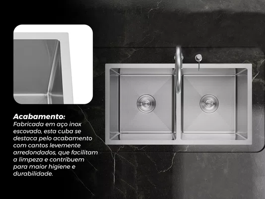 Cuba Dupla Sobrepor Calha Úmida Essence 78x43cm Aço Inox Escovado Com Escorredor E Válvula 4.1/2