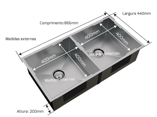Cuba Dupla De Sobrepor Quadratta 80x40cm Em Aço Inox Escovado Com Escorredor e Válvula De 4.1/2
