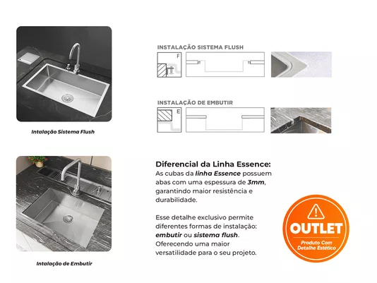 Cuba Inox 75x45cm Sobrepor Calha Úmida Essense Com Válvula (Outlet)