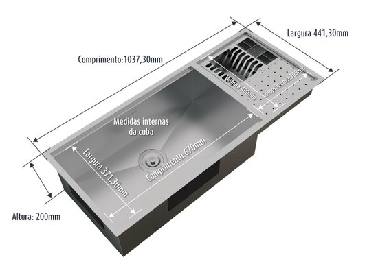 Cuba Platino Integrato Ld 103,7x44cm Em Aço Inox Escovado Com Esteira e Válvula de 4.1/2