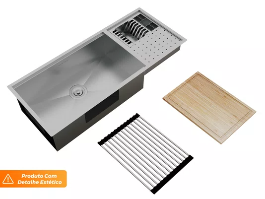 Cuba Platino Integrato LD 103x44cm Pia Aço Inox Escovada Com Tábua De Corte Esteira e Válvula de 4.1/2 (Outlet)