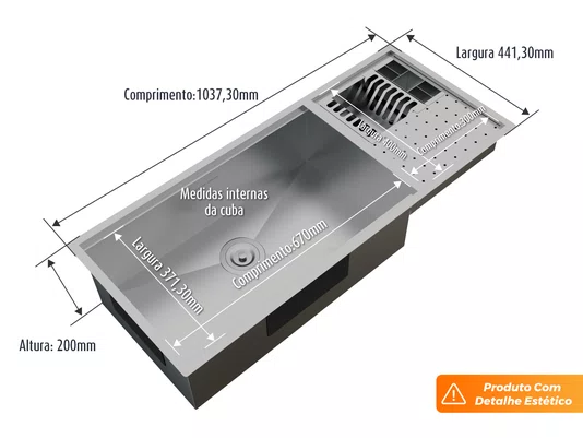 Cuba Platino Integrato LD 103x44cm Pia Aço Inox Escovada Com Tábua De Corte Esteira e Válvula de 4.1/2 (Outlet)