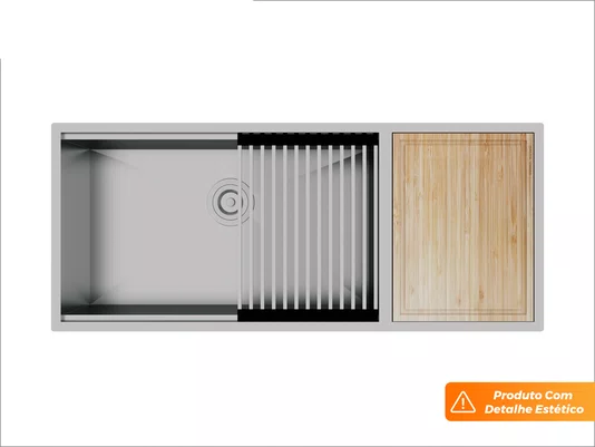 Cuba Platino Integrato LD 103x44cm Pia Aço Inox Escovada Com Tábua De Corte Esteira e Válvula de 4.1/2 (Outlet)