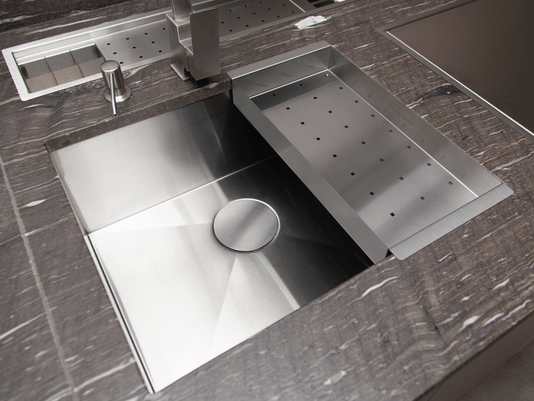 Cuba De Sobrepor Quadratta 50x40cm Em Aço Inox Escovado Com Escorredor e Tampa Decorativa Para Válvula De 4.1/2