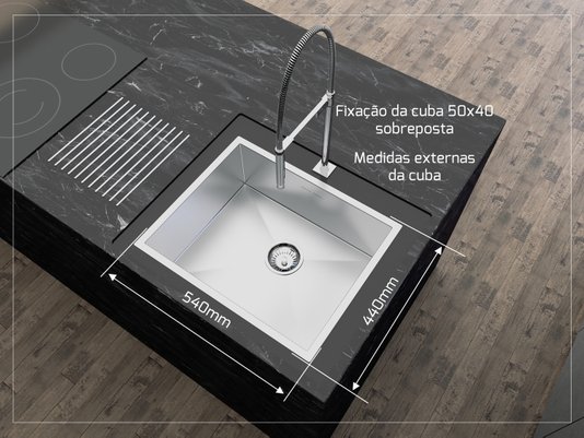 Cuba De Sobrepor Quadratta 50x40cm Em Aço Inox Escovado Com Escorredor e Tampa Decorativa Para Válvula De 4.1/2