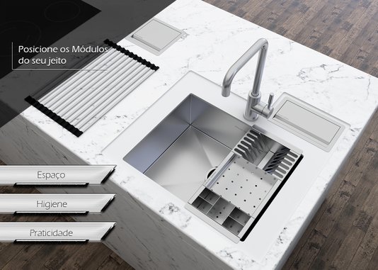 Cuba De Sobrepor Quadratta 50x40cm Em Aço Inox Escovado Com Cesto Escorredor 3 Módulos e Válvula De 4.1/2