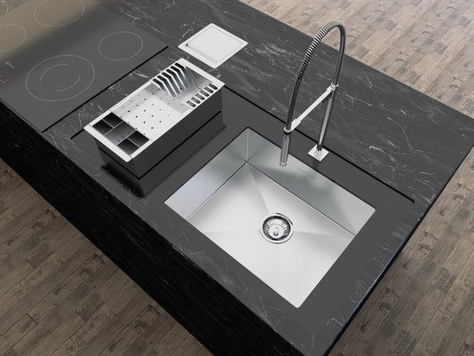 Cuba De Sobrepor Quadratta 50x40cm Em Aço Inox Escovado Com Cesto Escorredor 3 Módulos e Válvula De 4.1/2
