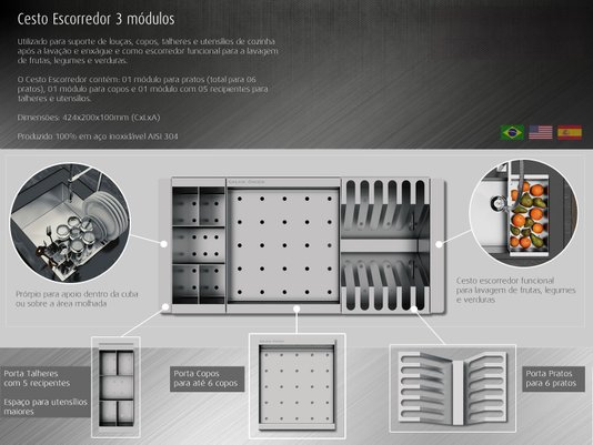 Cuba De Sobrepor Quadratta 50x40cm Em Aço Inox Escovado Com Cesto Escorredor 3 Módulos e Válvula De 4.1/2