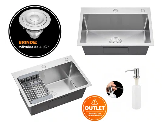 Cuba Sobrepor 60x40 Inox Escovado Flush Completa (Outlet )