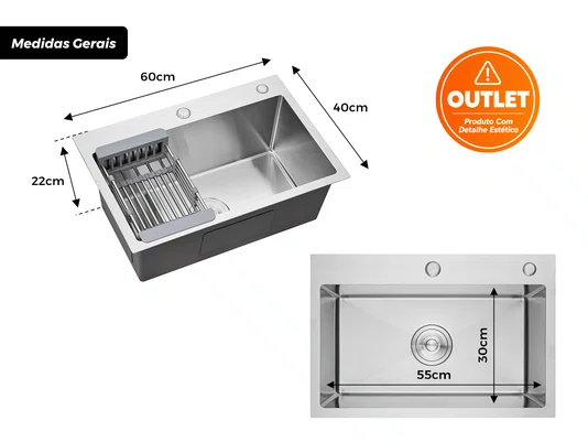 Cuba Sobrepor 60x40 Inox Escovado Flush Completa (Outlet )