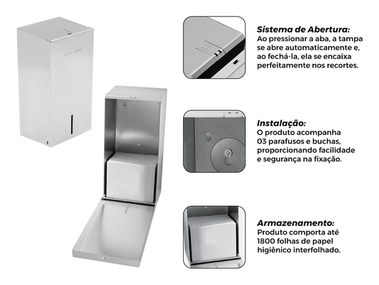 Dispenser de Papel Higiênico Cai-Cai Pro Em Aço Inox Escovado
