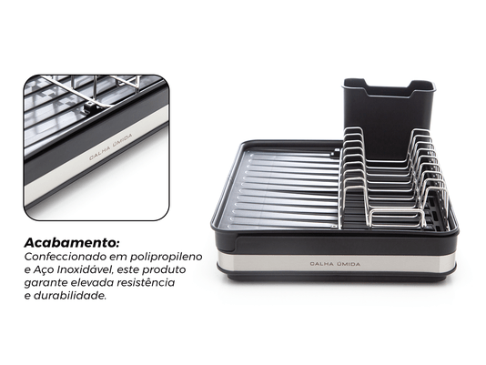 Escorredor de Louça Calha Úmida Duetto 36,5x51x18cm em Aço Inox com Bandeja Coletora Extensível