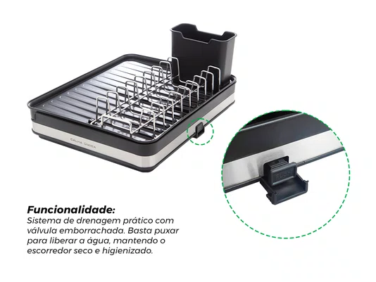 Escorredor de Louça Calha Úmida Duetto 36,5x51x18cm em Aço Inox com Bandeja Coletora Extensível