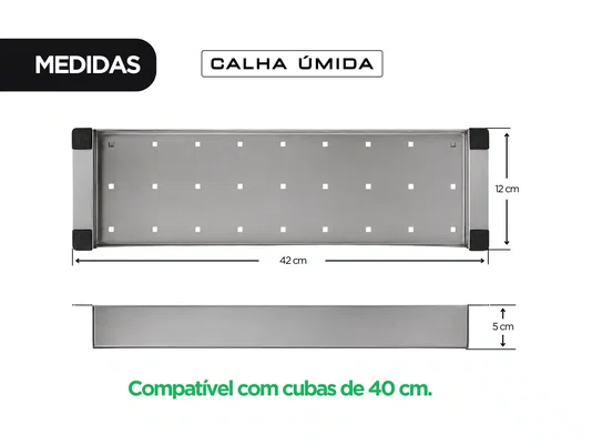 Escorredor de Alimentos Para Cuba 42x12x5 cm em Aço Inox Escovado