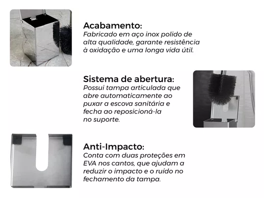Escova Sanitária com Suporte em Aço Inox Polido 8x8x12cm