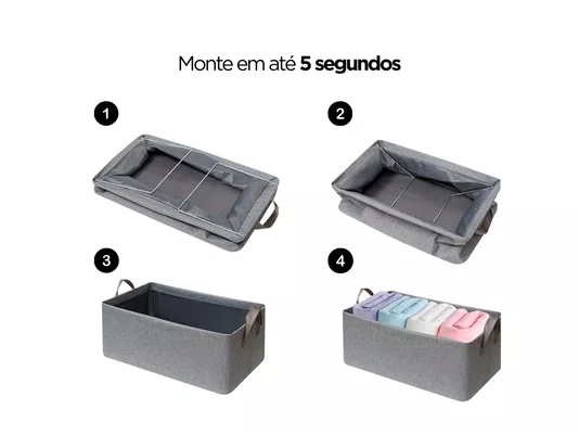 Kit 5 Cestos Organizadores De Tecido Cinza Dobrável Para Closet E Armário Lavável Multiuso