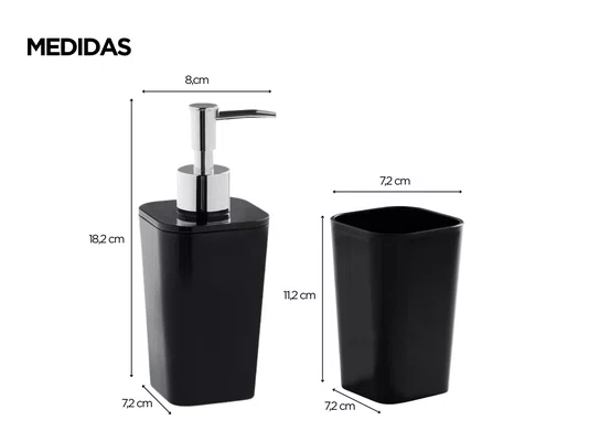 Conjunto Banheiro 2 Peças Preto com Dispenser e Porta Escova