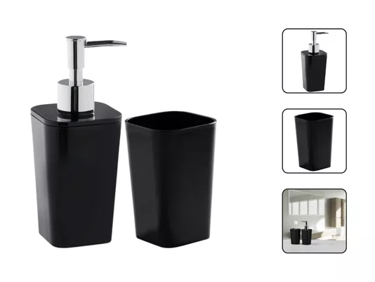 Conjunto Banheiro 2 Peças Preto com Dispenser e Porta Escova