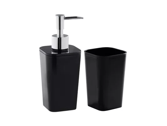 Conjunto Banheiro 2 Peças Preto com Dispenser e Porta Escova