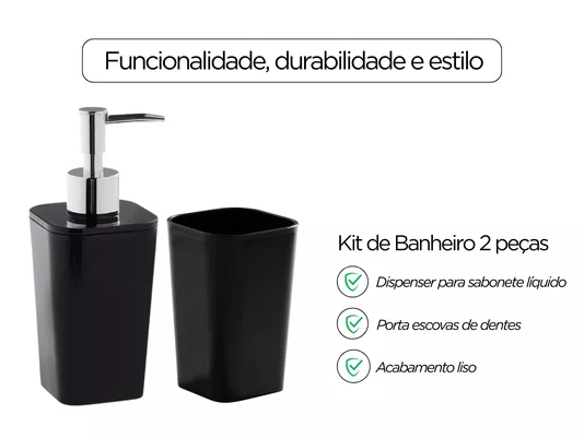 Conjunto Banheiro 2 Peças Preto com Dispenser e Porta Escova