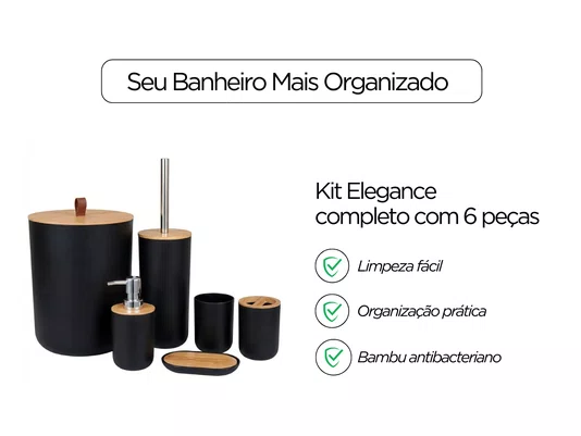 Kit Banheiro 6 Peças Elegance Preto com Detalhes em Bambu