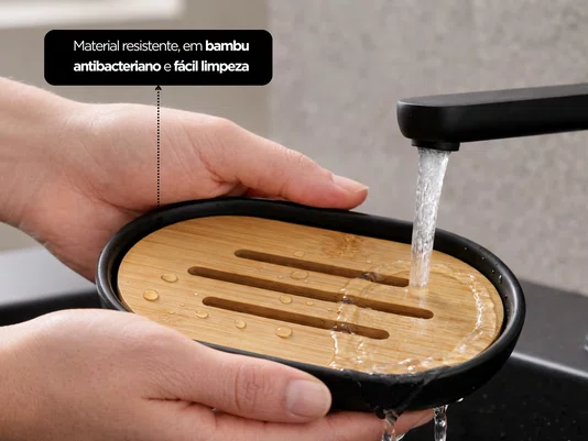 Kit Banheiro 6 Peças Elegance Preto com Detalhes em Bambu