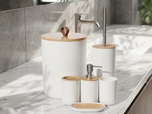 Kit Banheiro 6 Peças Elegance Branco com Detalhes em Bambu