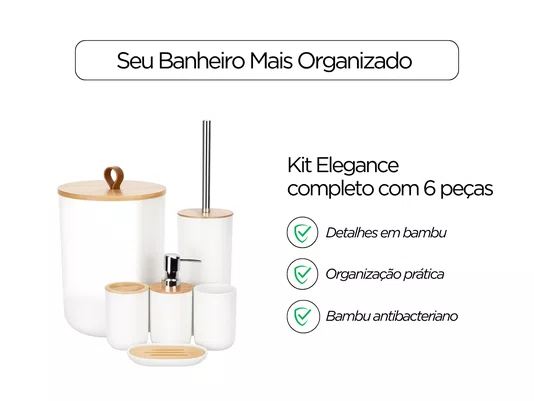 Kit Banheiro 6 Peças Elegance Branco com Detalhes em Bambu
