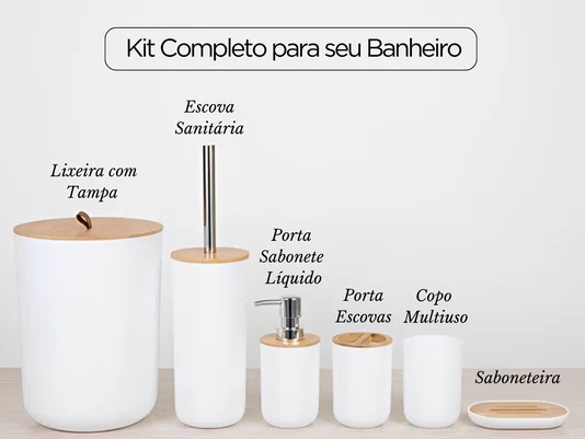Kit Banheiro 6 Peças Elegance Branco com Detalhes em Bambu